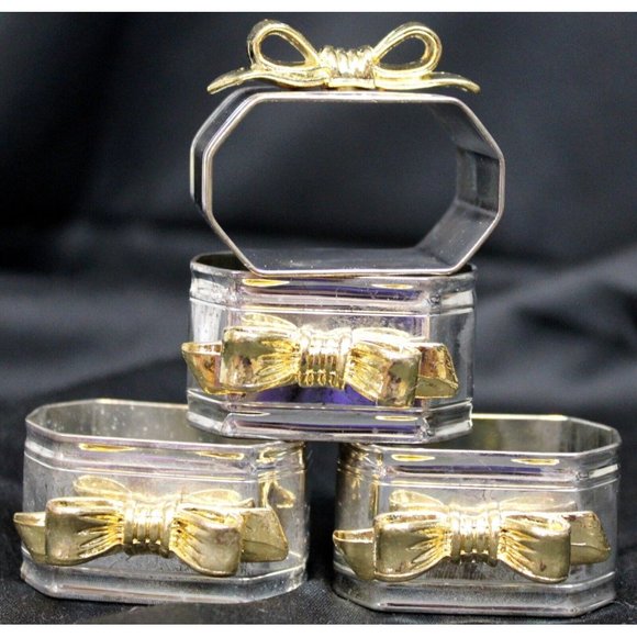 Set of 4 Silver Napkin Rings Holders Geometric Gold Colored Bow Queen Victoria - Picture 2 of 6